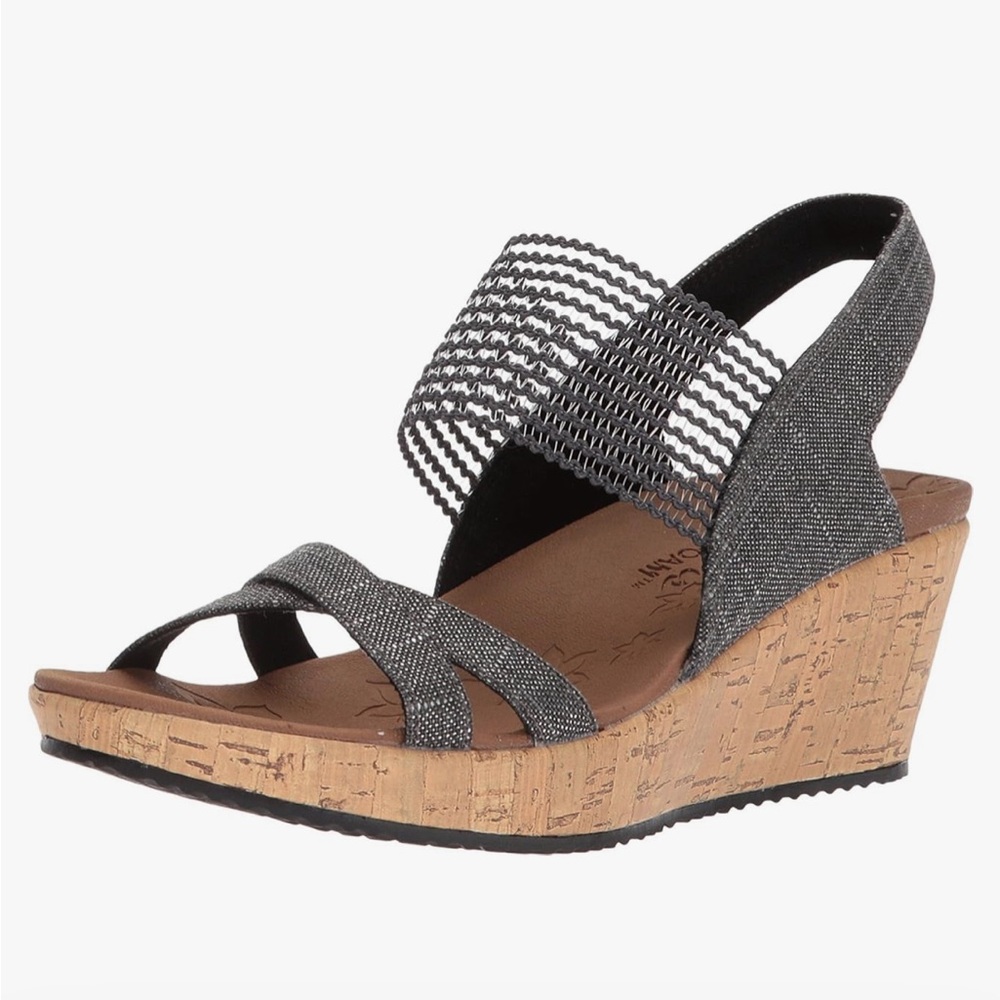 Skechers Charcoal Gray Beverlee High Tea Cork Wedge Slingback Sandals 10